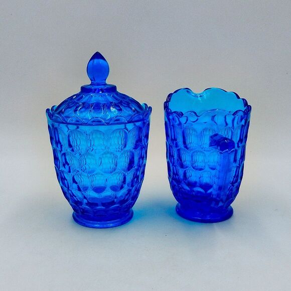 Fenton Glass Colonial Blue Thumbprint Sugar Bowl Creamer Pitcher Lid Set - Picture 3 of 13